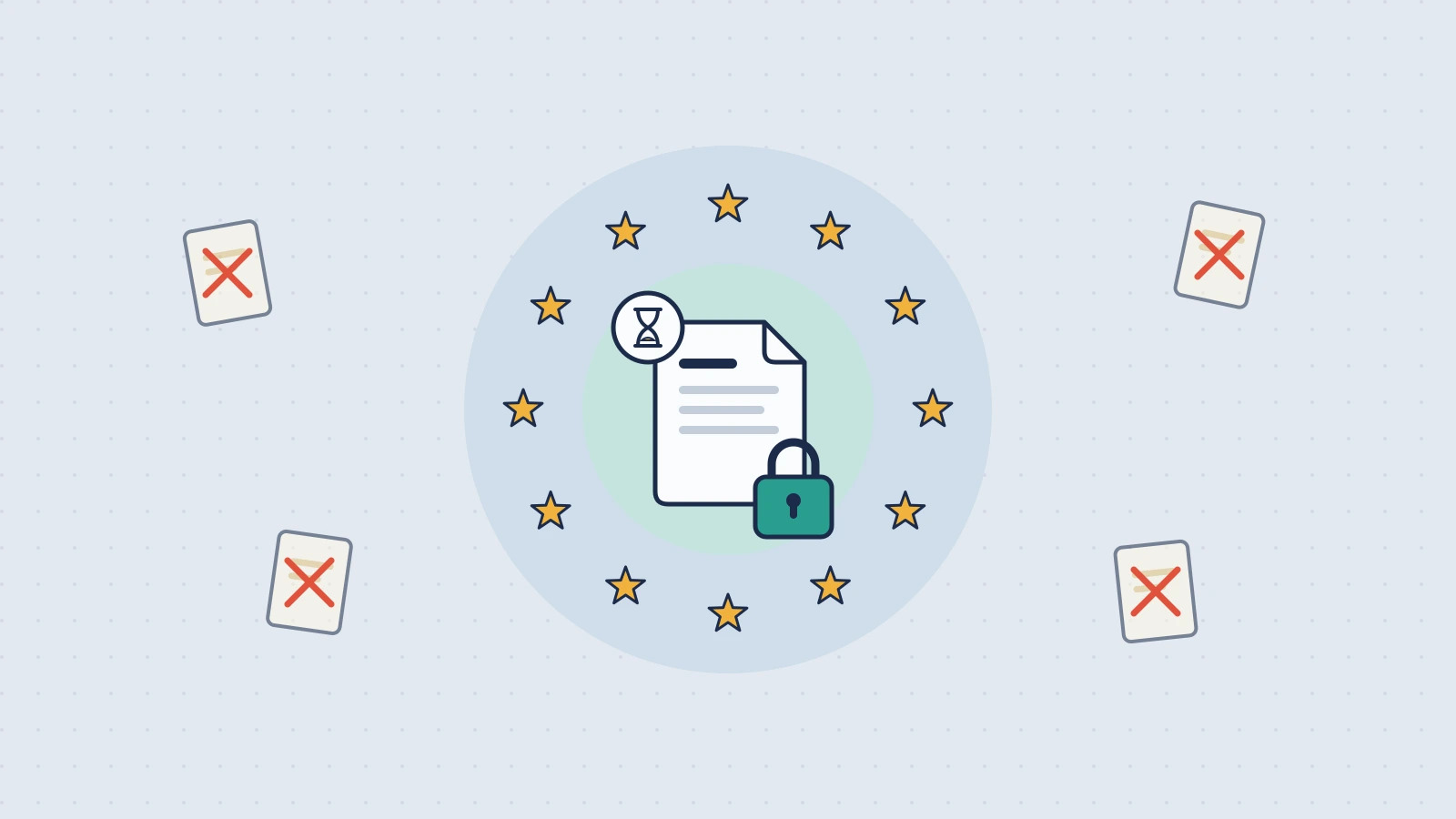 GDPR and secure file sharing: an encrypted document with an expiry timer inside the circle of EU stars, surrounded by stray copies that have been deleted