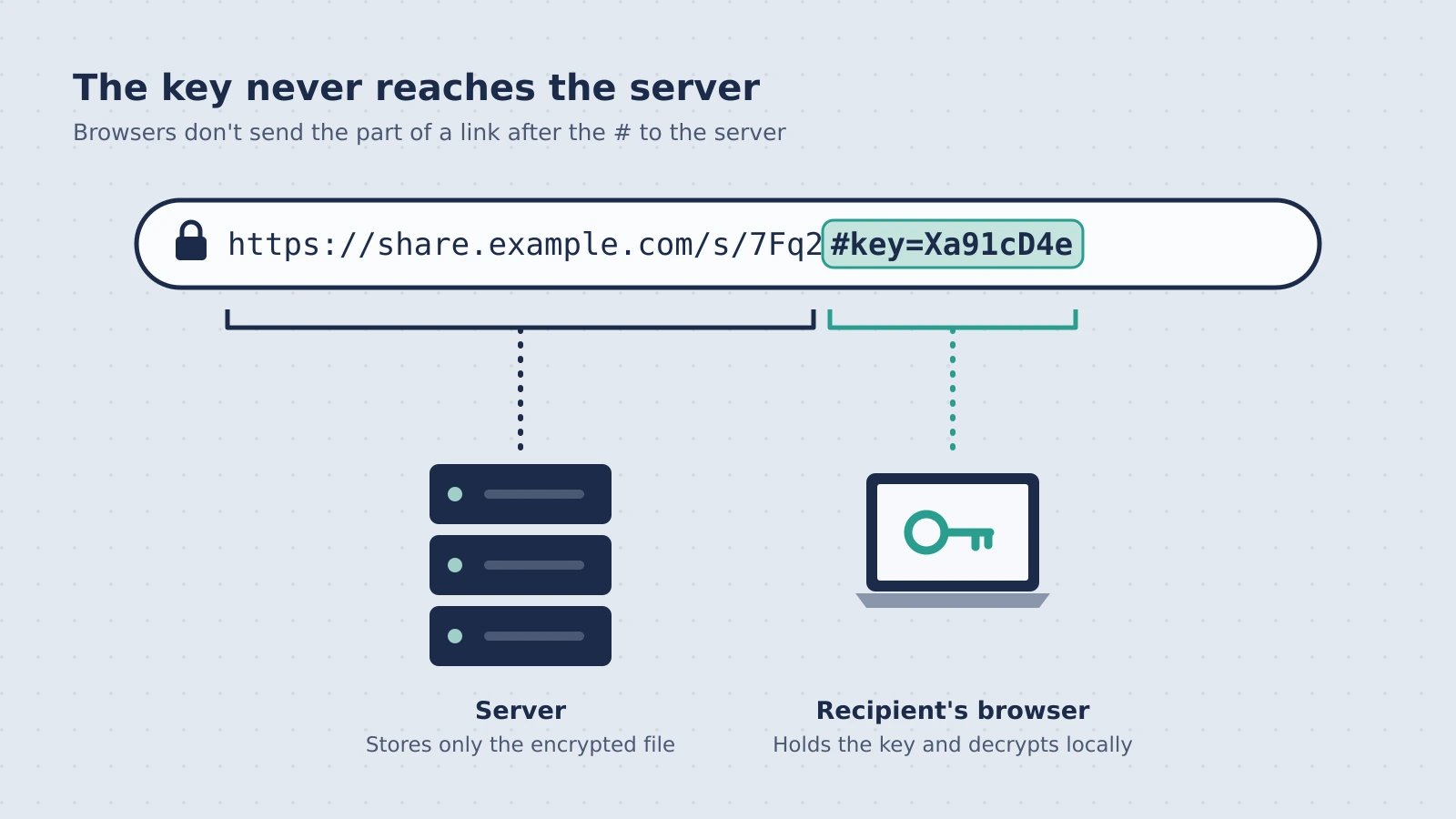 The key never reaches the server: the part of a share link after the # holds the decryption key and stays in the recipient's browser, while the server stores only the encrypted file